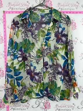 Koret button up long sleeve Sheer Floral Button-Up Blouse in Green, Blue, Purple